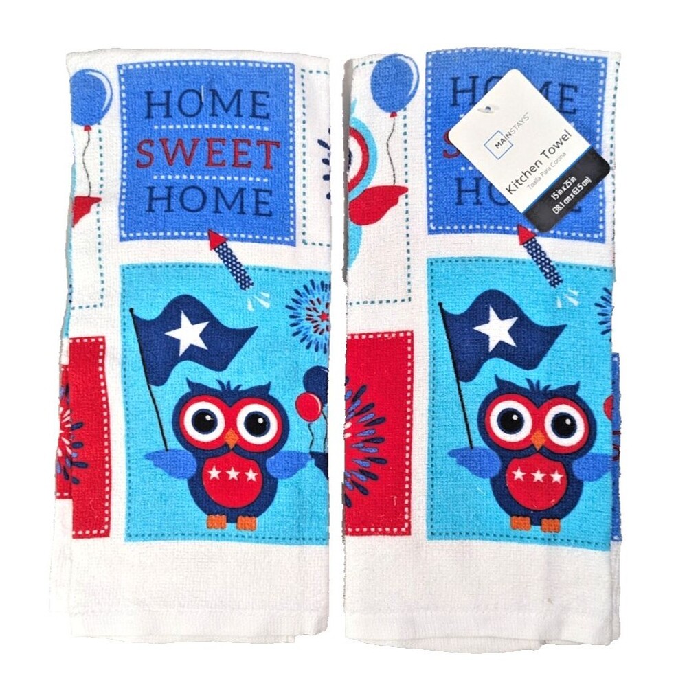 Patriotic Owls Kitchen Towels 2-Piece Fireworks Star Flag Red White Blue Cotton